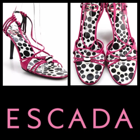 Escada Barbie Pink with Black and white Polka Dot Strappy Stilettos 👠 6.5 - Picture 1 of 12